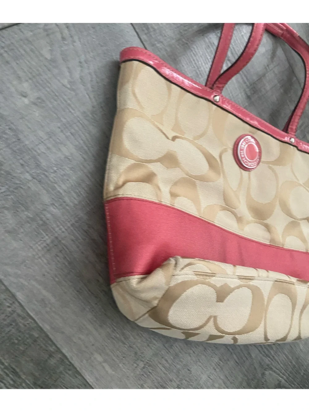 Coach Beige Signature Tote with Coral Pink Trim